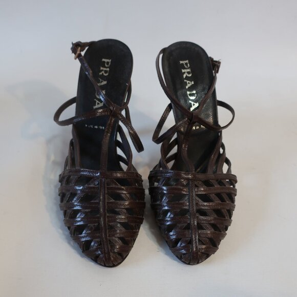 NWOB Womens Prada Brown Caged Strap Leather Cone Heel Slingback Pumps 39 US/9 - Picture 6 of 11